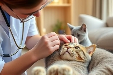 Veterinarian giving fluids to a cat at home